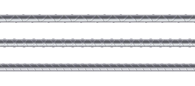 Seamless steel rebars on white background. Set of realistic metal rods and bars for building and construction. Endless metallic reinforcement armature. 3d vector illustration