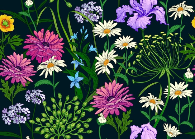 Seamless summer pattern with wild flowers on black background