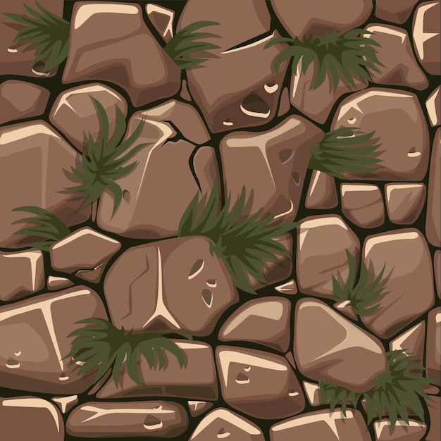 Vector seamless texture stones with grass, cobblestone pattern with plants for ui game.