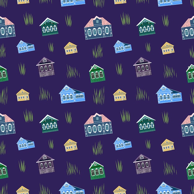 Seamless vector pattern in folk style Pattern with cute houses in handdrawn style