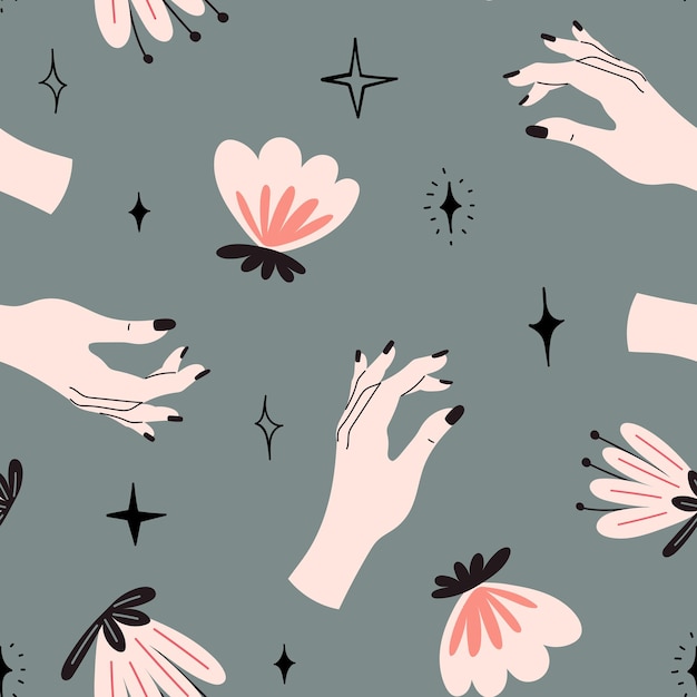 Vector seamless vector pattern with hands magic stars and flowers