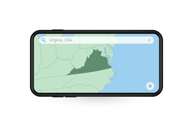 Searching map of Virginia in Smartphone map application. Map of Virginia in Cell Phone.