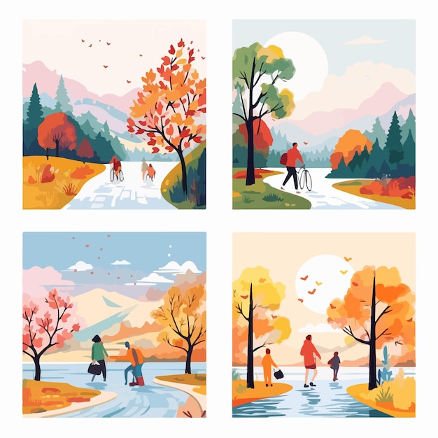 Vector seasonal landscape posters with people in four seasons cards set