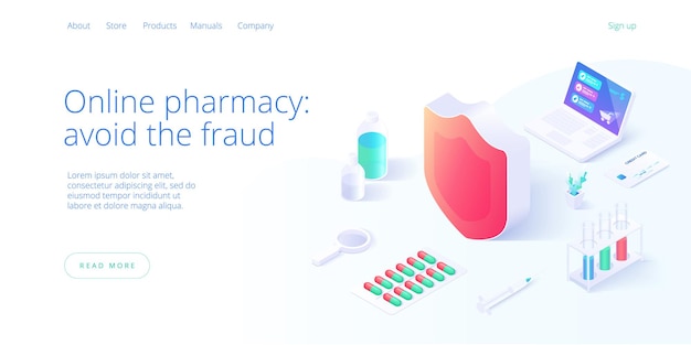 Secure online pharmacy or drug store shopping concept in isometric illustration.