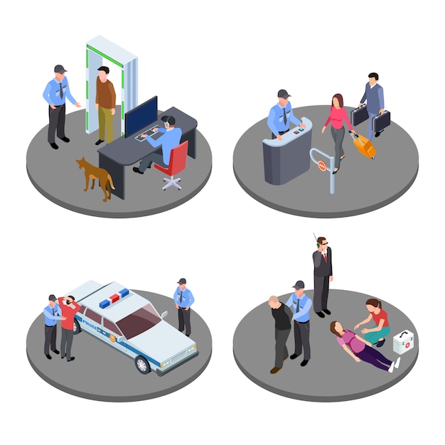 Security and police work isometric vector situations