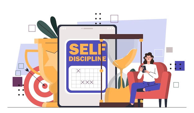 Self discipline concept woman with smartphone near hourglass deadline goal and task settings time