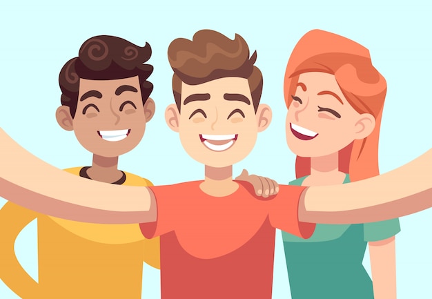 Selfie with friends. Friendly smiling teenagers taking group photo portrait. Happy people  cartoon characters