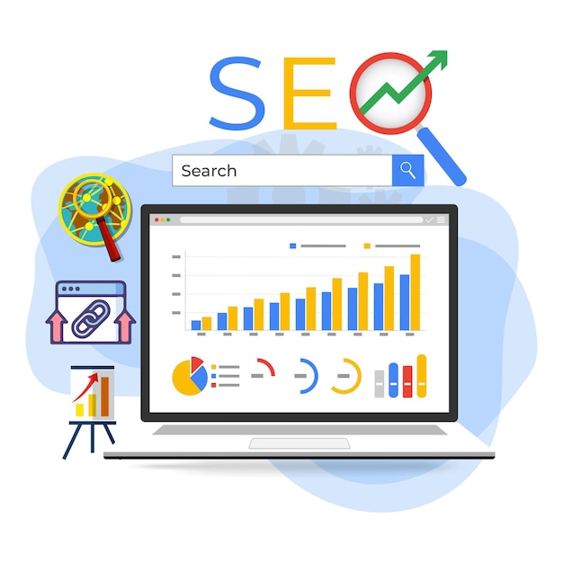 Vector seo marketing concept with research symbols world map and magnifier