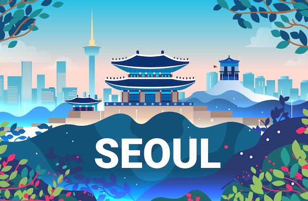 Vector seoul travel cityscape traditional buildings modern skyline sunrise foliage colorful design elements background template