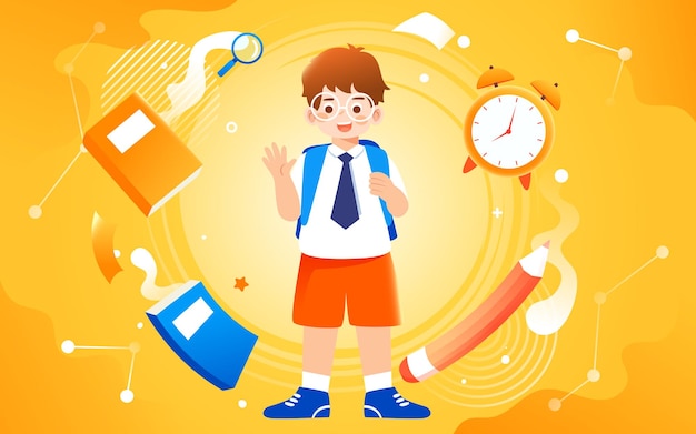 September school season, kids go to school with school bags, vector illustration