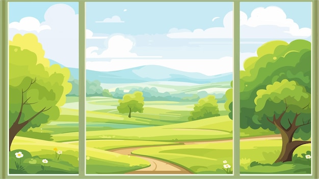 Vector serene cartoon white summer spring landscape through window