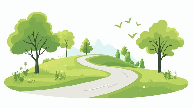 Vector serene country road and lush green trees in vibrant summer vector illustration