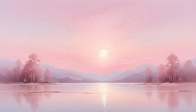 Vector a serene landscape painting featuring a lake mountains and a soft pink sunset with a circular sun