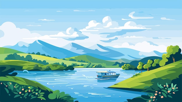 Vector serene landscape with river and hills on blue background