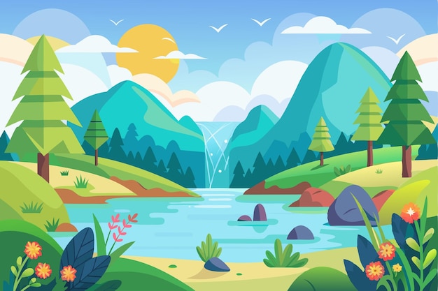 Vector a serene mountain lake with cascading waterfalls and lush greenery