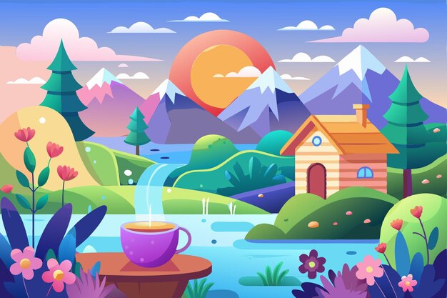 Vector a serene mountain landscape with a cabin a river and a cup of tea