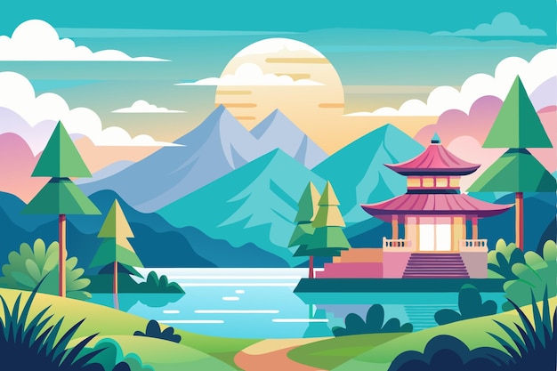 Vector serene mountain landscape with a traditional japanese pagoda by a lake