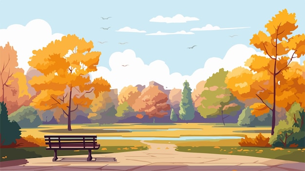 Vector serene park landscape with trees and bench