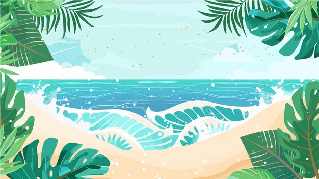 Vector serene summer beach background with clouds sky and waves