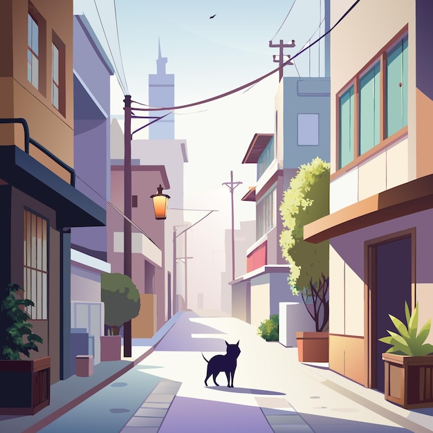 Vector a serene urban alleyway with a cat silhouetted against the backdrop