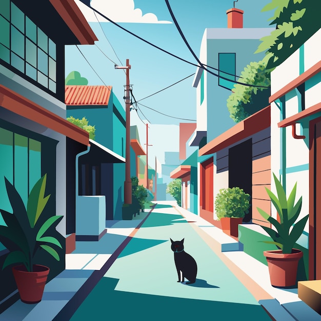 Vector a serene urban street scene with a cat and lush greenery