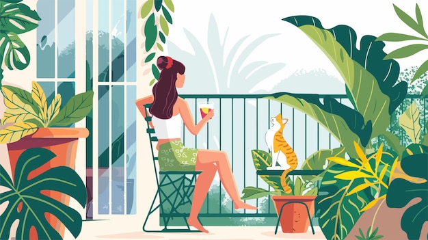 Vector serene woman relaxing on summer terrace balcony