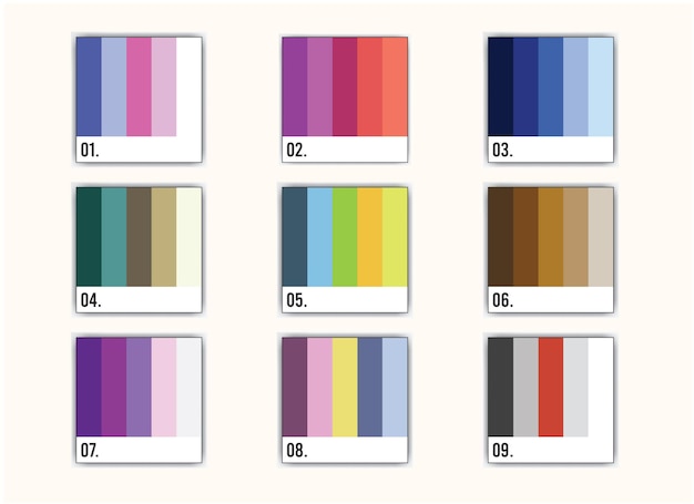 A series of color palettes with the number 9.