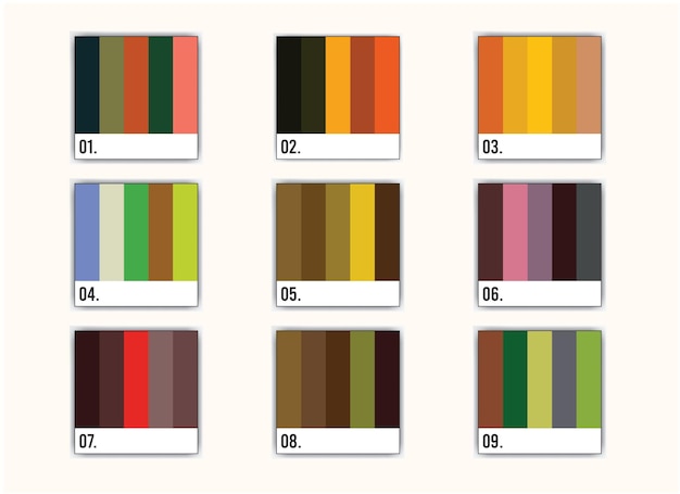 A series of color samples with the numbers 1, 2, 2, 2, 3, 3, 3, 3, 3, 3, 3, 8, 8, 8, 8,