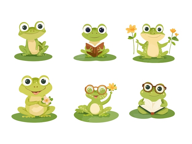 Vector a series of different frogs with a book called frog