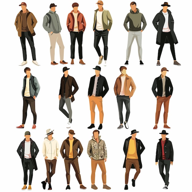 Vector a series of men wearing jackets and hats with one wearing a hat