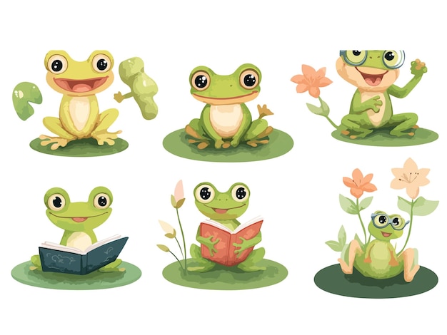 Vector a series of pictures of frogs with a book called frog