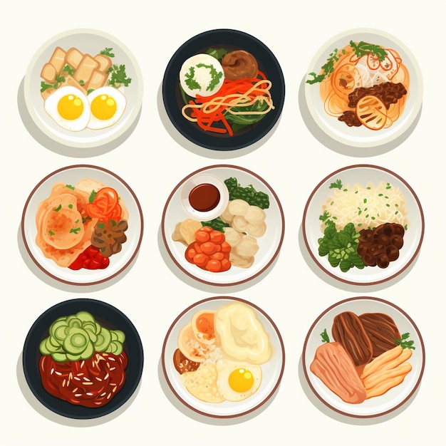 Vector a series of plates of food including eggs rice and vegetables