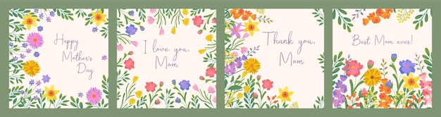 Vector set 4 greeting cards with handwritten text on white background in flat style for happy mothers day