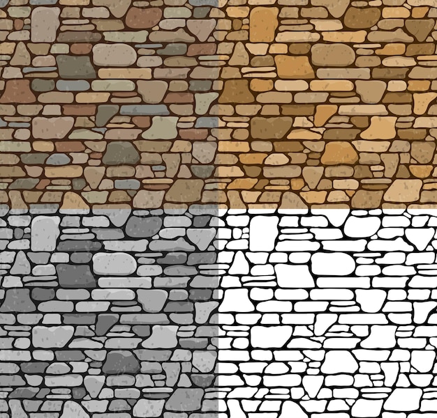 Set 4 Seamless Grunge Stone Brick Wall Texture with various variants of color. Vector Illustration.