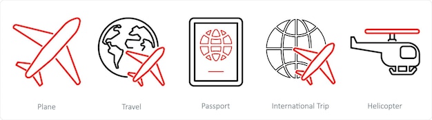 A set of 5 Mix icons as plane travel passport