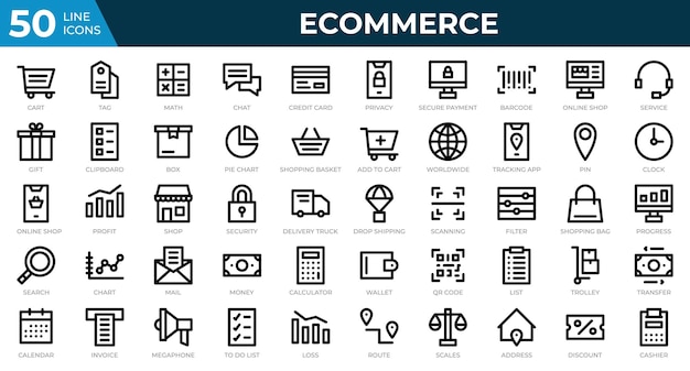 Set of 50 Ecommerce web icons in line style Credit card profit invoice Outline icons collection Vector illustration