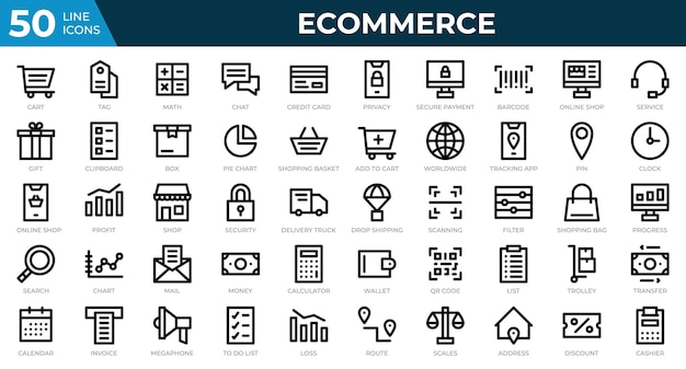 ラインスタイルの50のeコマースWebアイコンのセットクレジットカード利益請求書アウトラインアイコンコレクションベクトルイラスト