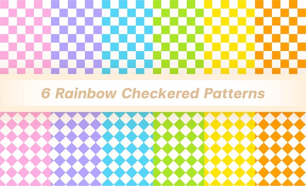 Set of 6 Solid Rainbow Checkered Patterns Blue Purple Pink Orange Yellow Green Tartan Plaid Check BG