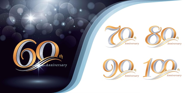 Set of 60 to 100 years Anniversary logo design Sixty to Hundred years Logo Silver, Gold Celebration