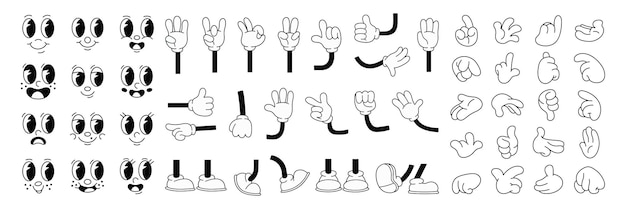 Vector set of 70s groovy comic faces vector collection of cartoon character faces leg hand