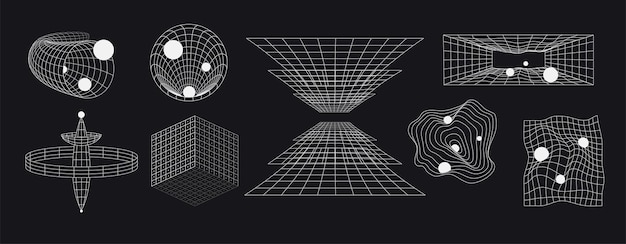 Set of abstract futuristic geometric shapes with lines Retro set space shapes in form grid