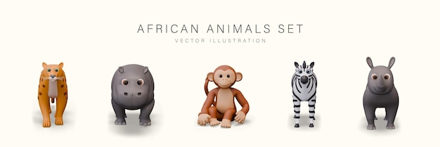 Vector set of african wild animals front view funny characters in cartoon style