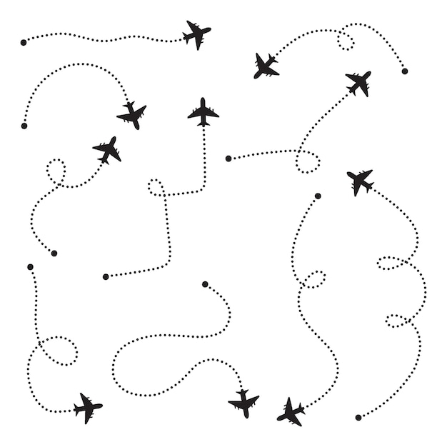 Set of Air Plane Flight Route With Start Point And Dash Line Trace