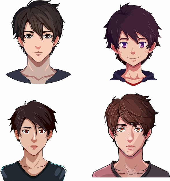 set of Anime Boy mascot isolated collection of anime boy