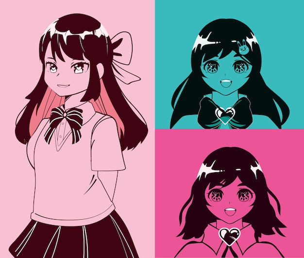 Vector set anime girls comic cartoon