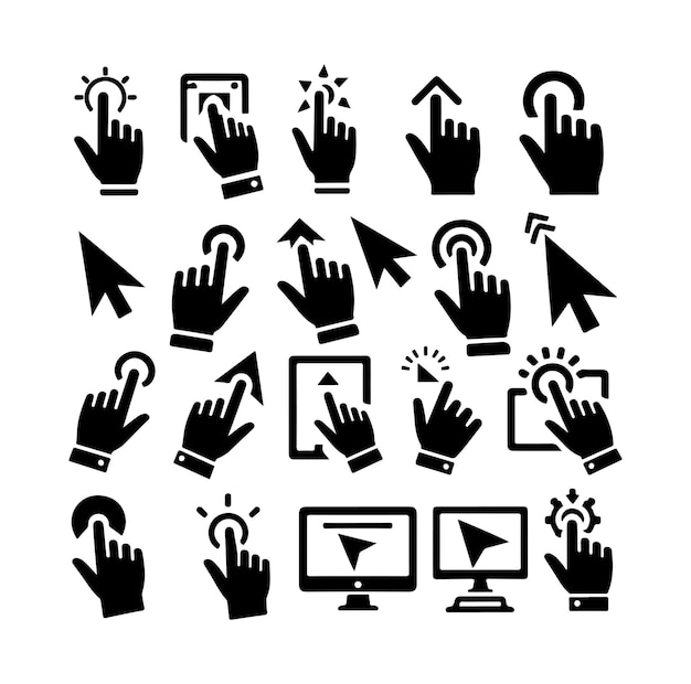 Vector set of arrow web cursors set computer pointer click icon clicking arrows or hands cursors silhouette