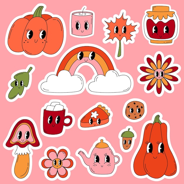 Vector set autumn groovy stickers fall elements in 70s80s style pumpkins flowers mushroom rainbow pumpkin pie cocoa mug cookies leaf teapot jam and candle