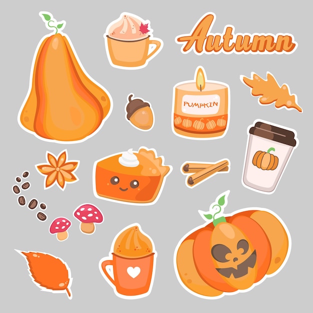 Set of autumn stickers. Cute season pictures: pumpkin, pumpkin pie, latte, candle, leaves, cinnamon