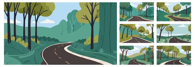 Vector set of background illustration serene country road through emeraldgreen landscape