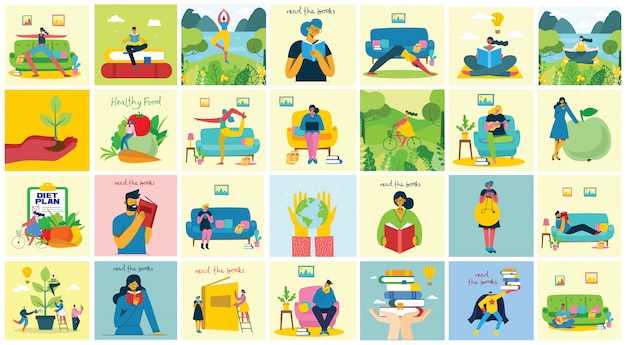 Vector set of backgrounds of stay and work at home and save the planet in the flat design.